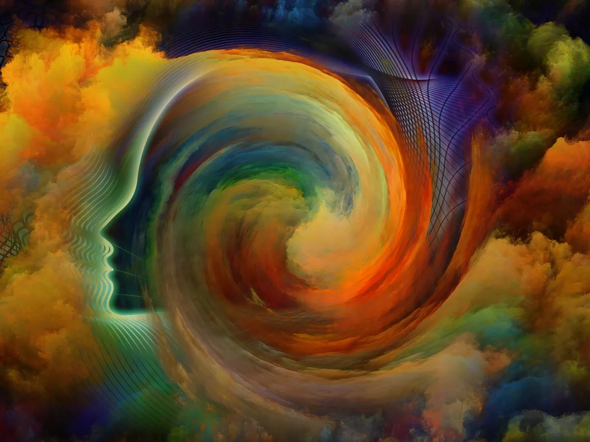 a colorful swirl of clouds and a face