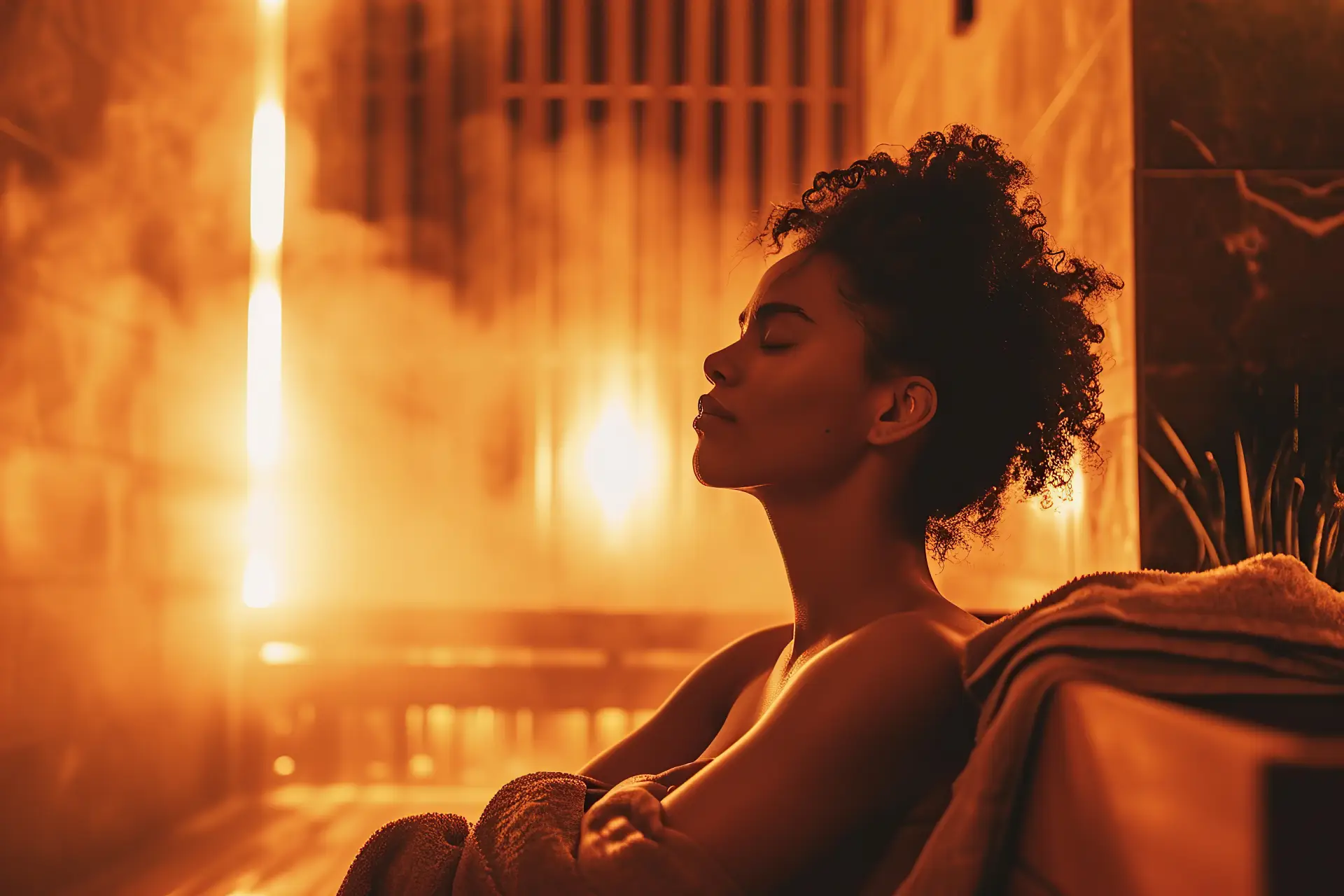 a woman sitting in a sauna