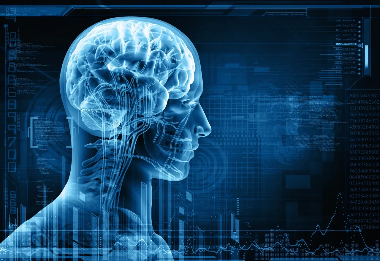 a blue x-ray of a human head - nad helps with anti aging and neurogenic support